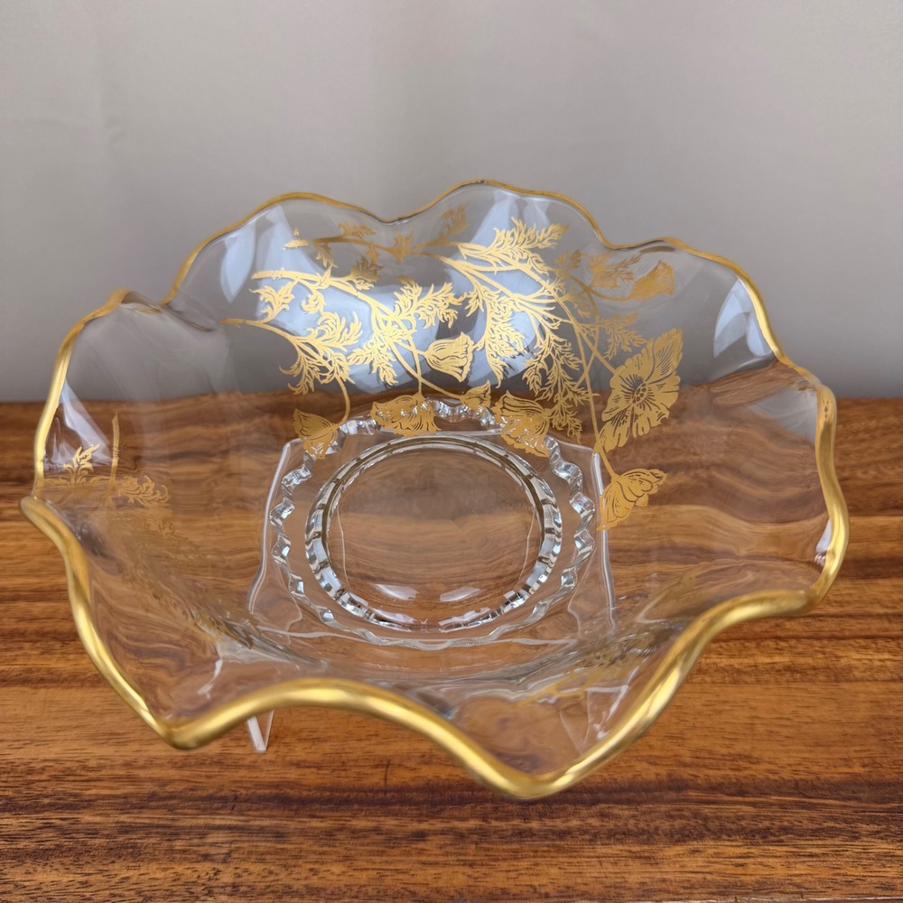 New Martinsville Glass Gold Encrusted Poppy Ruffled Bowl Clear Etched Floral 8"